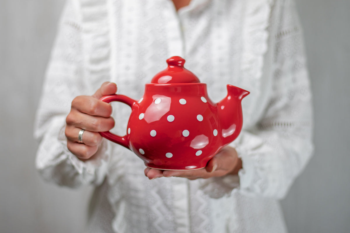 Red and White Polka Dot Pottery Handmade Hand Painted Ceramic Teapot Milk Jug Sugar Bowl Set