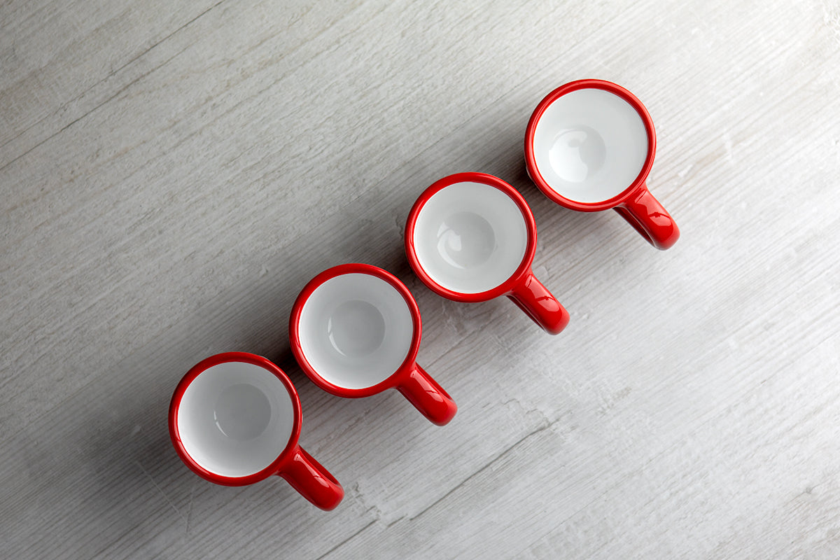 Red And White Polka Dot Spotty Designer Handmade Hand Painted Unique Ceramic 2oz-60ml Espresso Coffee Cup Set of 4