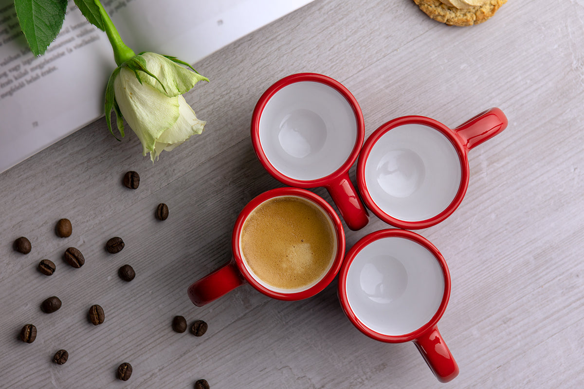Red And White Polka Dot Spotty Designer Handmade Hand Painted Unique Ceramic 2oz-60ml Espresso Coffee Cup Set of 4