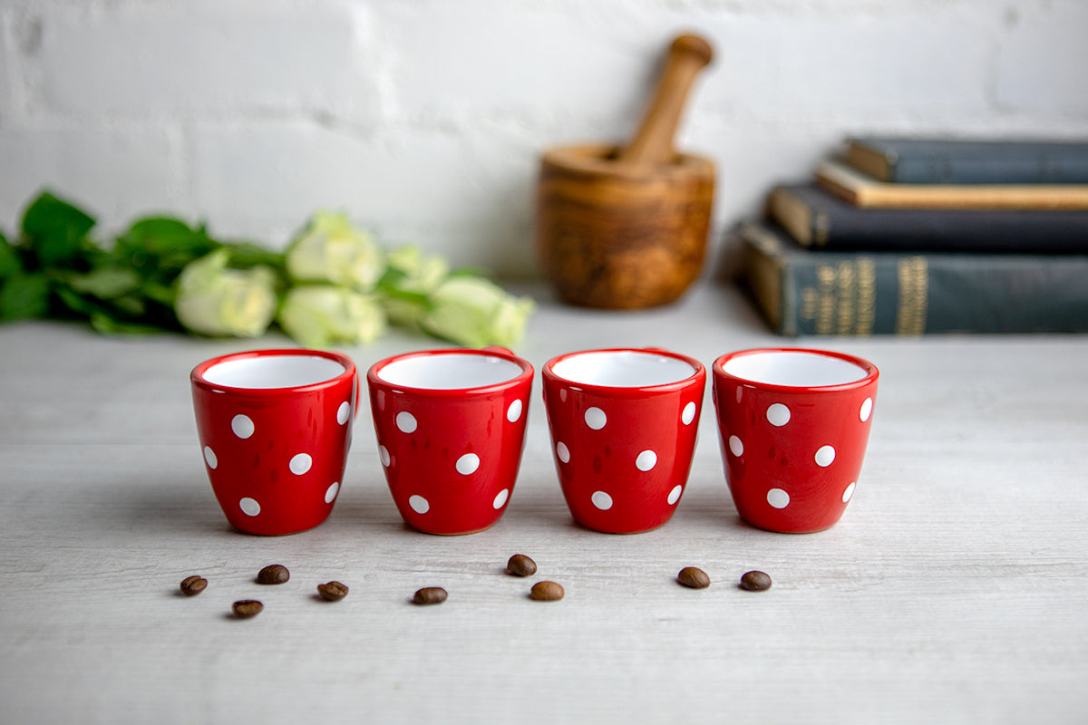 Red And White Polka Dot Spotty Designer Handmade Hand Painted Unique Ceramic 2oz-60ml Espresso Coffee Cup Set of 4
