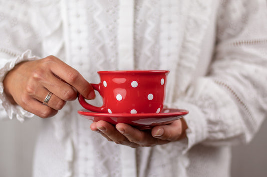 Red And White Polka Dot Spotty Designer Handmade Hand Painted Ceramic 9oz-250ml Cappuccino Coffee Tea Cup with Saucer