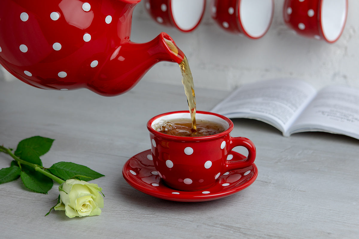 Red And White Polka Dot Spotty Designer Handmade Hand Painted Ceramic 9oz-250ml Cappuccino Coffee Tea Cup with Saucer