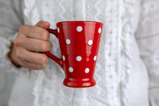 Red And White Polka Dot Spotty Handmade Hand Painted Ceramic Coffee Tea Latte Mug with Large Handle 8 oz - 220 ml