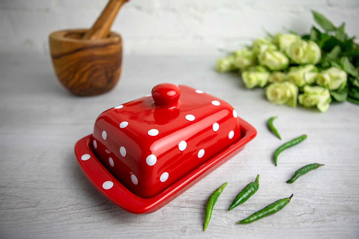 Red And White Polka Dot Spotty Handmade Hand Painted Ceramic Butter Dish With Lid