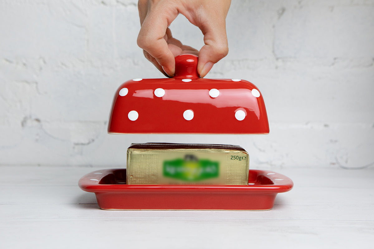 Red And White Polka Dot Spotty Handmade Hand Painted Ceramic Butter Dish With Lid