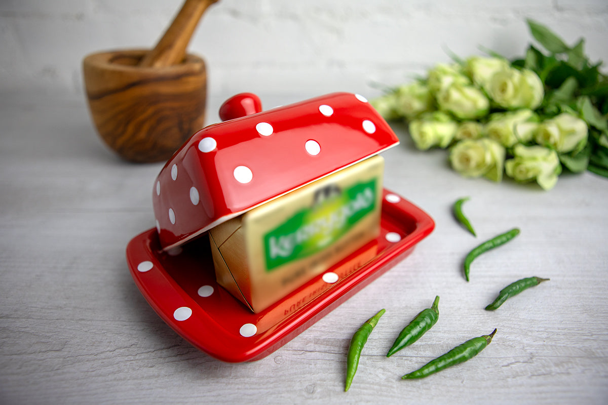 Red And White Polka Dot Spotty Handmade Hand Painted Ceramic Butter Dish With Lid