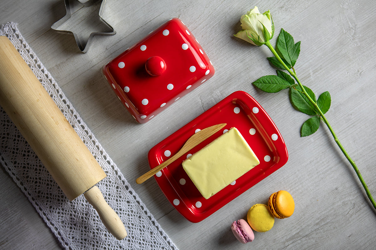 Red And White Polka Dot Spotty Handmade Hand Painted Ceramic Butter Dish With Lid