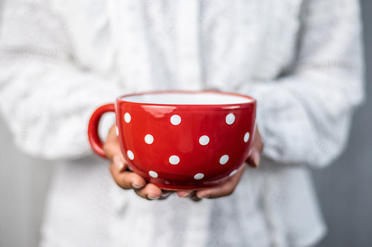 Handmade Polka Dot Ceramic Soup Mug - Red and White Spotty Design | City to Cottage