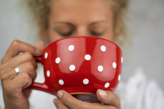 Handmade Polka Dot Ceramic Soup Mug - Red and White Spotty Design | City to Cottage