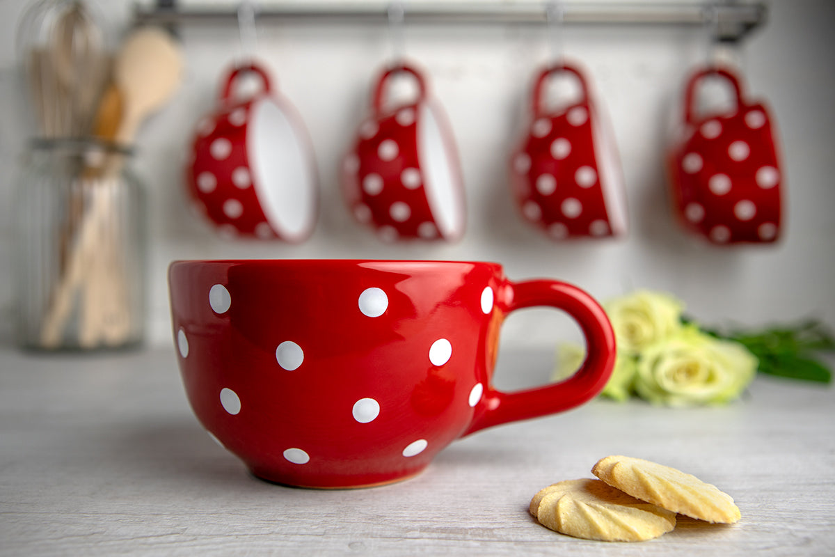 Handmade Polka Dot Ceramic Soup Mug - Red and White Spotty Design | City to Cottage
