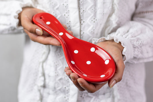 Red And White Polka Dot Spotty Handmade Hand Painted Ceramic Kitchen Cooking Spoon Rest