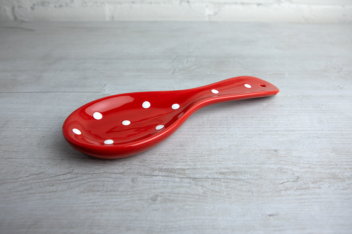 Red And White Polka Dot Spotty Handmade Hand Painted Ceramic Kitchen Cooking Spoon Rest