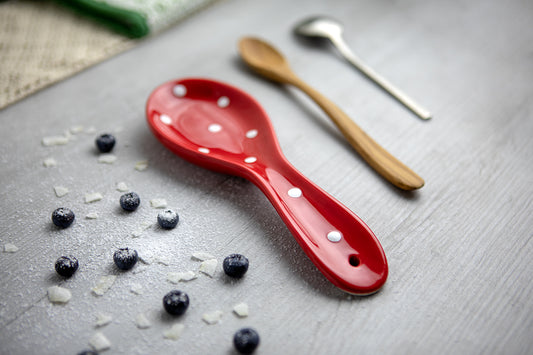 Red And White Polka Dot Spotty Handmade Hand Painted Ceramic Kitchen Cooking Spoon Rest
