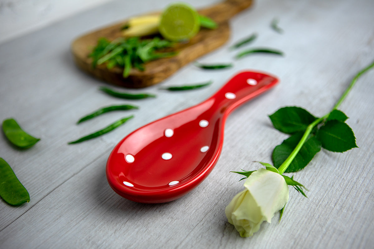 Red And White Polka Dot Spotty Handmade Hand Painted Ceramic Kitchen Cooking Spoon Rest