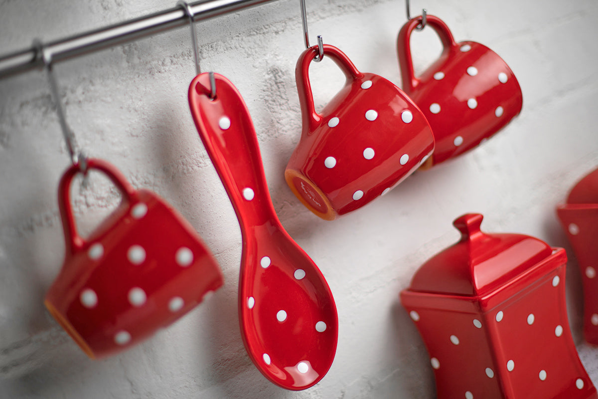 Red And White Polka Dot Spotty Handmade Hand Painted Ceramic Kitchen Cooking Spoon Rest