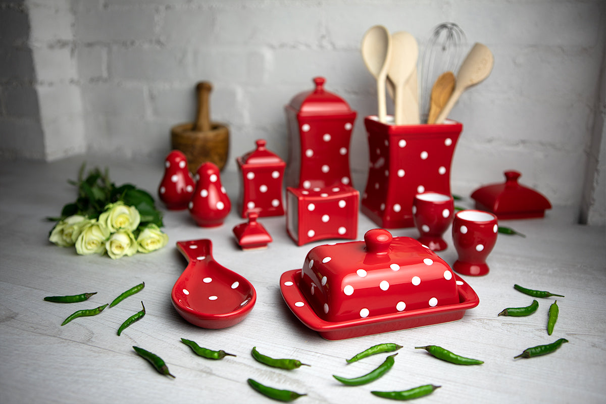 Red And White Polka Dot Spotty Handmade Hand Painted Ceramic Kitchen Serving Storage Set of 10