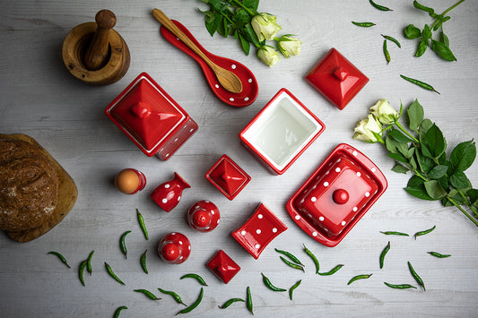 Red And White Polka Dot Spotty Handmade Hand Painted Ceramic Kitchen Serving Storage Set of 10