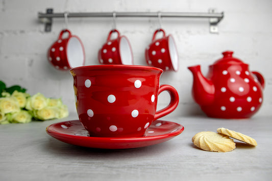 Red And White Polka Dot Spotty Handmade Hand Painted Large Unique Ceramic 12oz-350ml Cappuccino Coffee Tea Cup with Saucer