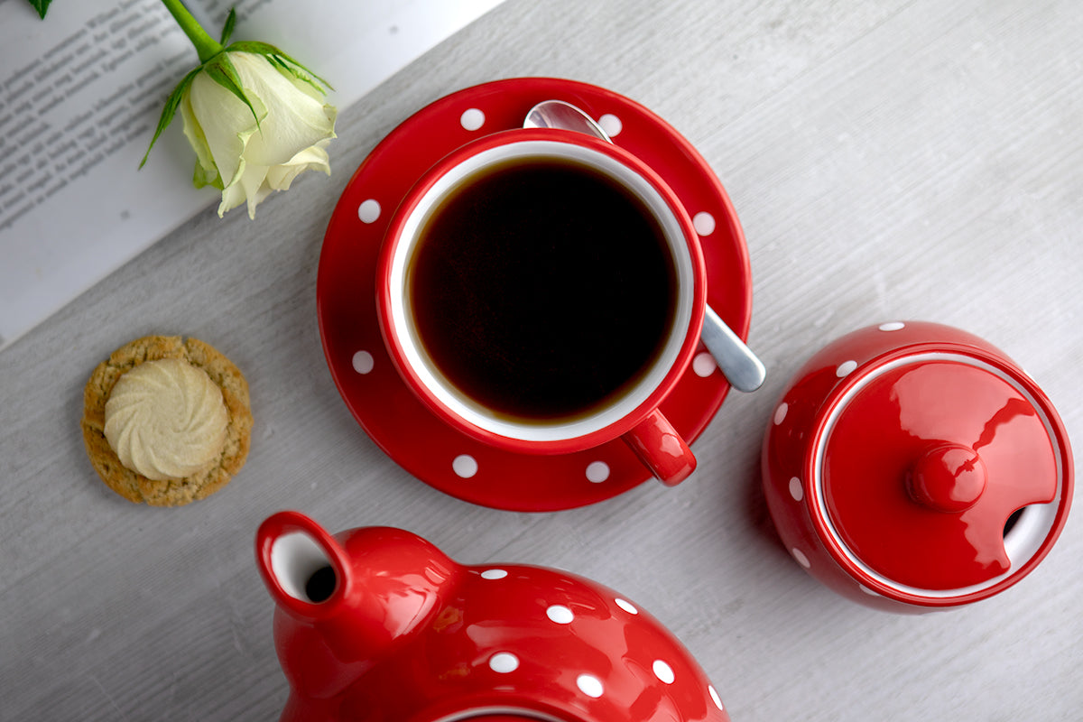 Red And White Polka Dot Spotty Handmade Hand Painted Large Unique Ceramic 12oz-350ml Cappuccino Coffee Tea Cup with Saucer