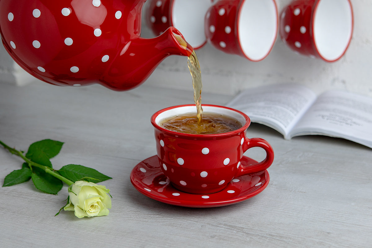 Red And White Polka Dot Spotty Handmade Hand Painted Large Unique Ceramic 12oz-350ml Cappuccino Coffee Tea Cup with Saucer