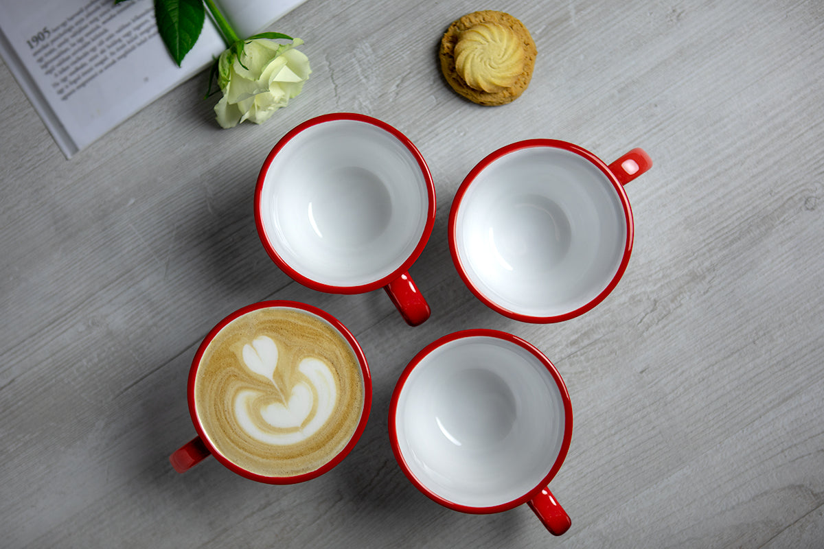 Red And White Polka Dot Spotty Handmade Hand Painted Large Unique Ceramic 12oz-350ml Cappuccino Coffee Tea Cup with Saucer