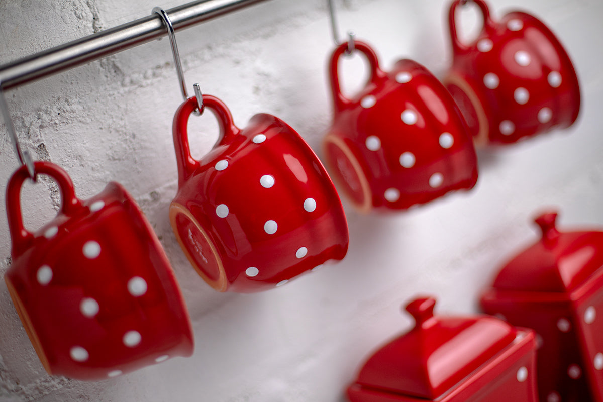 Red And White Polka Dot Spotty Handmade Hand Painted Large Unique Ceramic 12oz-350ml Cappuccino Coffee Tea Cup with Saucer