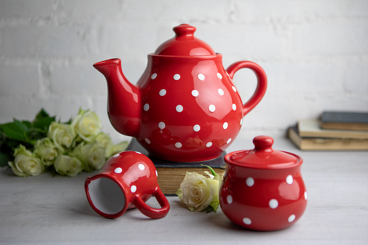 Red And White Polka Dot Spotty Handmade Hand Painted Ceramic Large Teapot Milk Jug Sugar Bowl Set