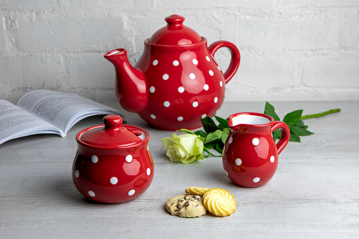 Red And White Polka Dot Spotty Handmade Hand Painted Ceramic Large Teapot Milk Jug Sugar Bowl Set