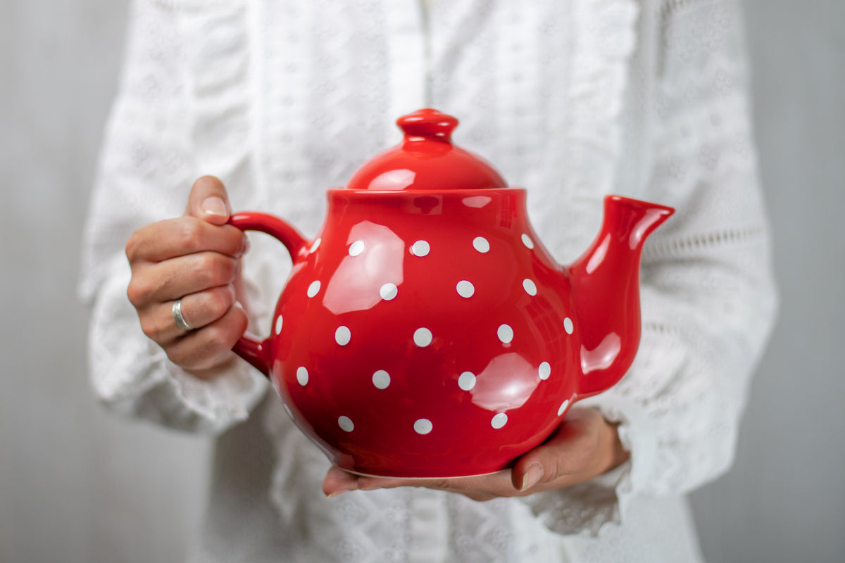 Red And White Polka Dot Spotty Handmade Hand Painted Ceramic Large Teapot Milk Jug Sugar Bowl Set