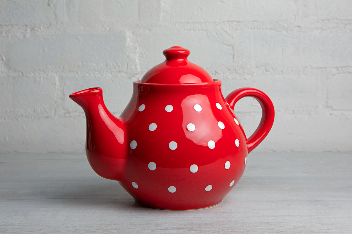 Red And White Polka Dot Spotty Large Handmade Hand Painted Ceramic Teapot with Handle 60 oz / 1.7 l