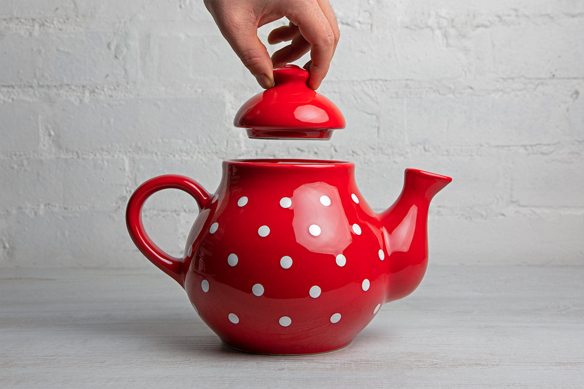 Red And White Polka Dot Spotty Large Handmade Hand Painted Ceramic Teapot with Handle 60 oz / 1.7 l