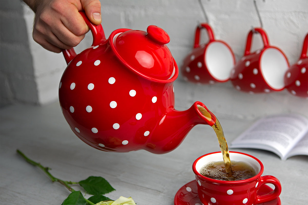 Red And White Polka Dot Spotty Large Handmade Hand Painted Ceramic Teapot with Handle 60 oz / 1.7 l