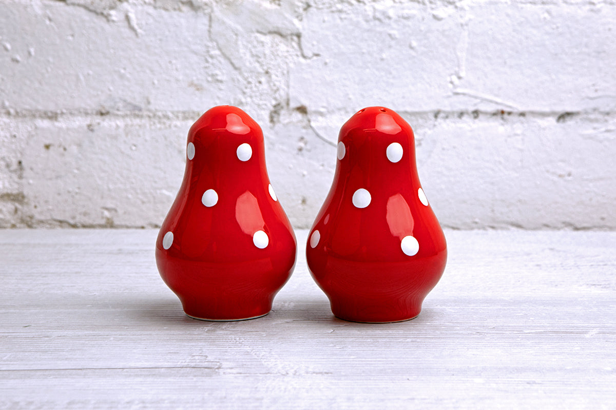 Red And White Polka Dot Spotty Handmade Hand Painted Ceramic Salt and Pepper Shaker Pot
