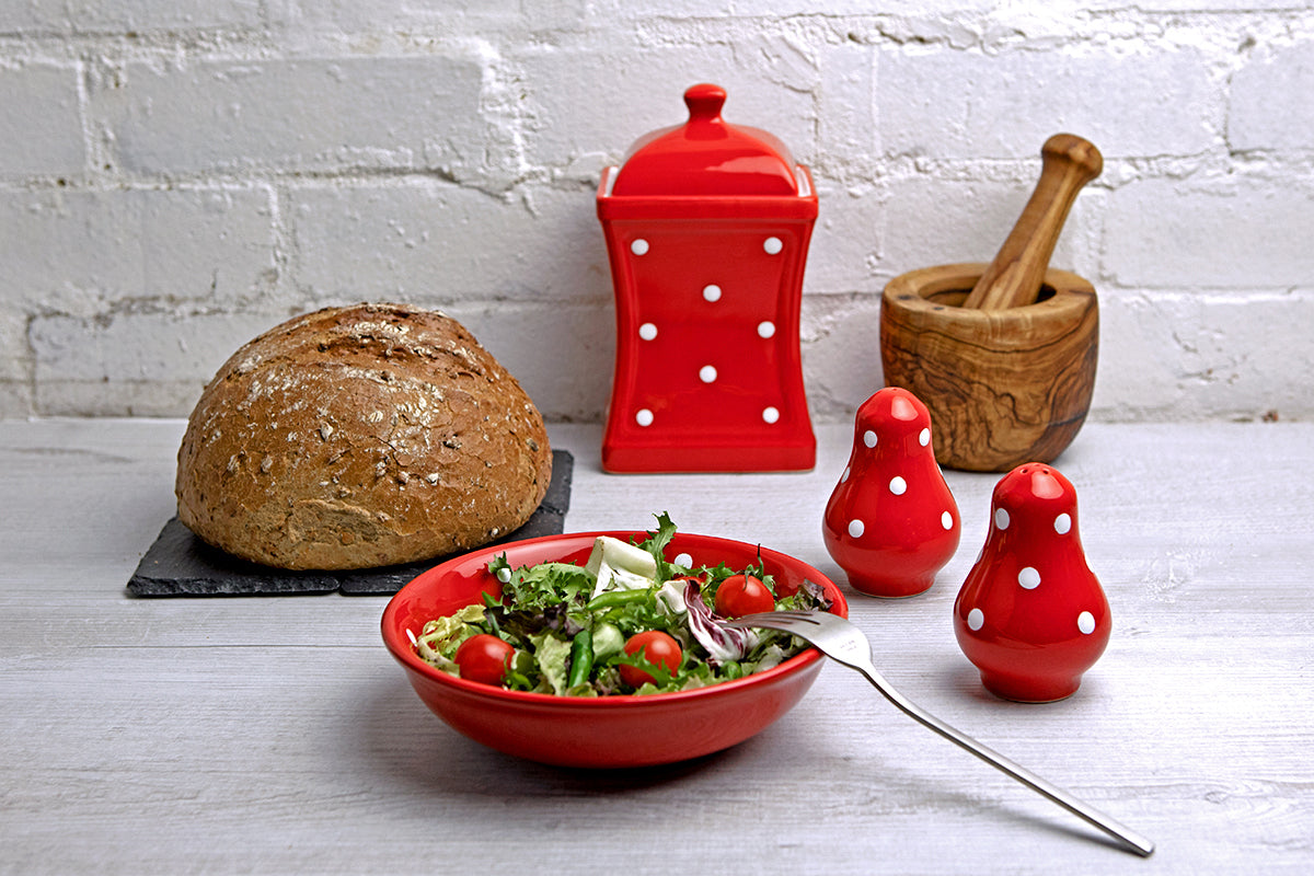 Red And White Polka Dot Spotty Handmade Hand Painted Ceramic Salt and Pepper Shaker Pot