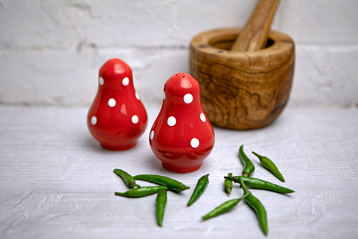 Red And White Polka Dot Spotty Handmade Hand Painted Ceramic Salt and Pepper Shaker Pot