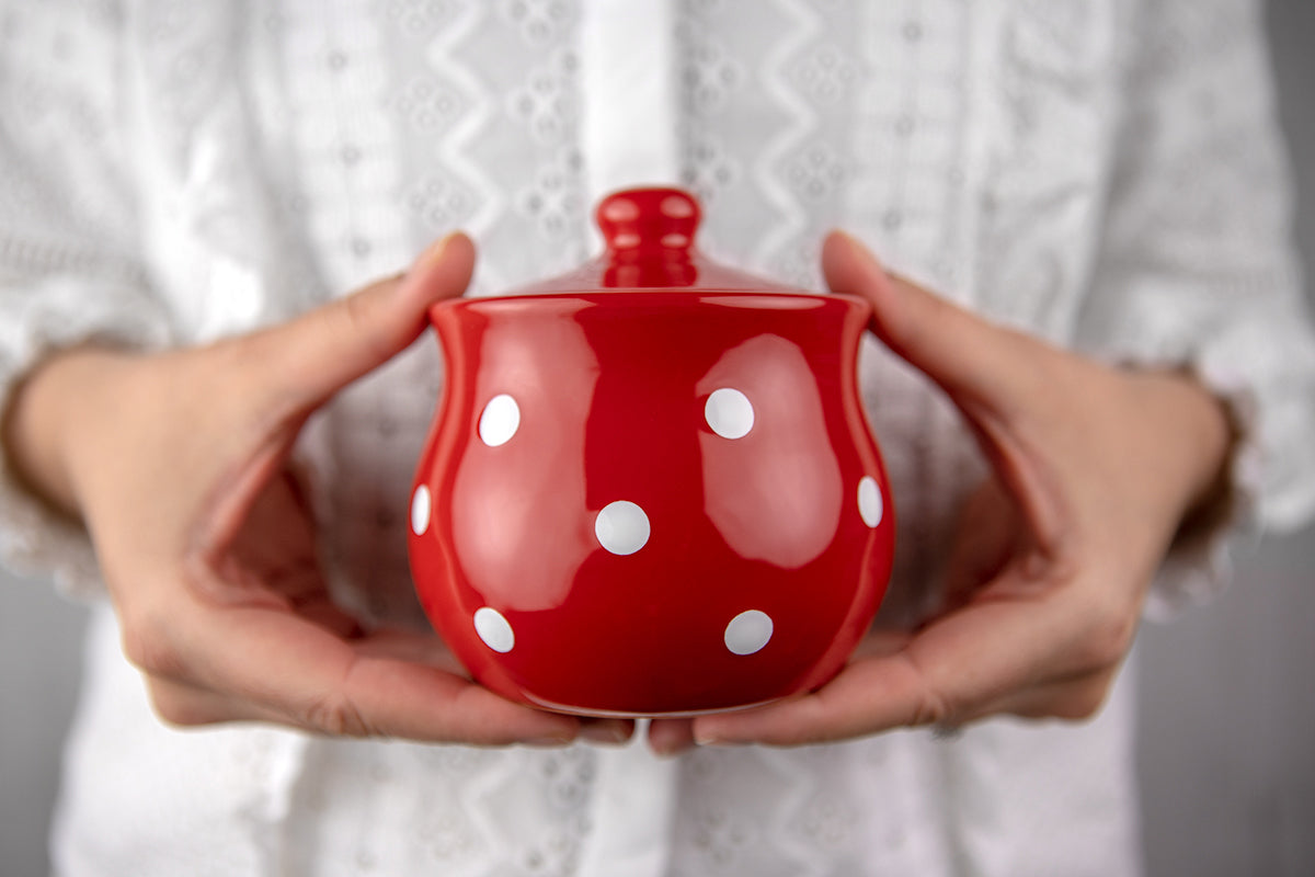 City to Cottage Ceramic Sugar Bowl with Lid, 10oz Sugar Contanier for Coffee Bar, Sugar Dispenser Bowl, Salt - Condiment Pot for Kitchen Counter, Handcrafted Red Polka Dot Sugar Jar