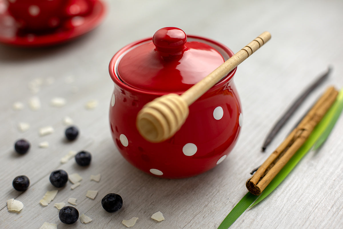 City to Cottage Ceramic Sugar Bowl with Lid, 10oz Sugar Contanier for Coffee Bar, Sugar Dispenser Bowl, Salt - Condiment Pot for Kitchen Counter, Handcrafted Red Polka Dot Sugar Jar
