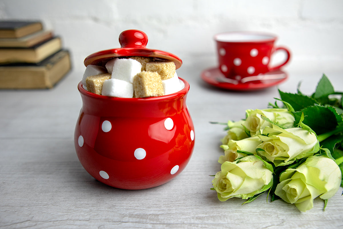 City to Cottage Ceramic Sugar Bowl with Lid, 10oz Sugar Contanier for Coffee Bar, Sugar Dispenser Bowl, Salt - Condiment Pot for Kitchen Counter, Handcrafted Red Polka Dot Sugar Jar
