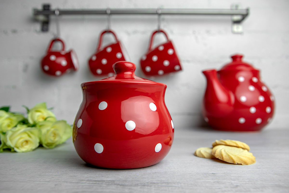 Red And White Polka Dot Spotty Handmade Hand Painted Ceramic Sugar Bowl With Lid