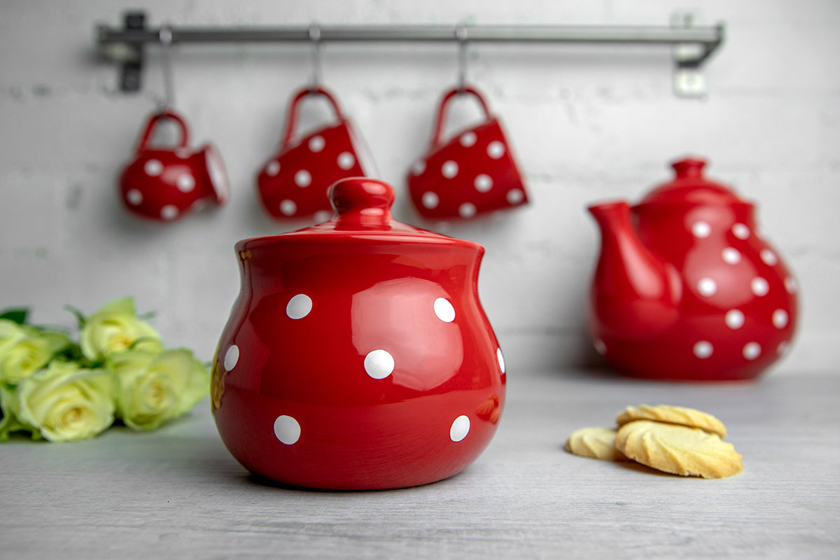 City to Cottage Ceramic Sugar Bowl with Lid, 10oz Sugar Contanier for Coffee Bar, Sugar Dispenser Bowl, Salt - Condiment Pot for Kitchen Counter, Handcrafted Red Polka Dot Sugar Jar
