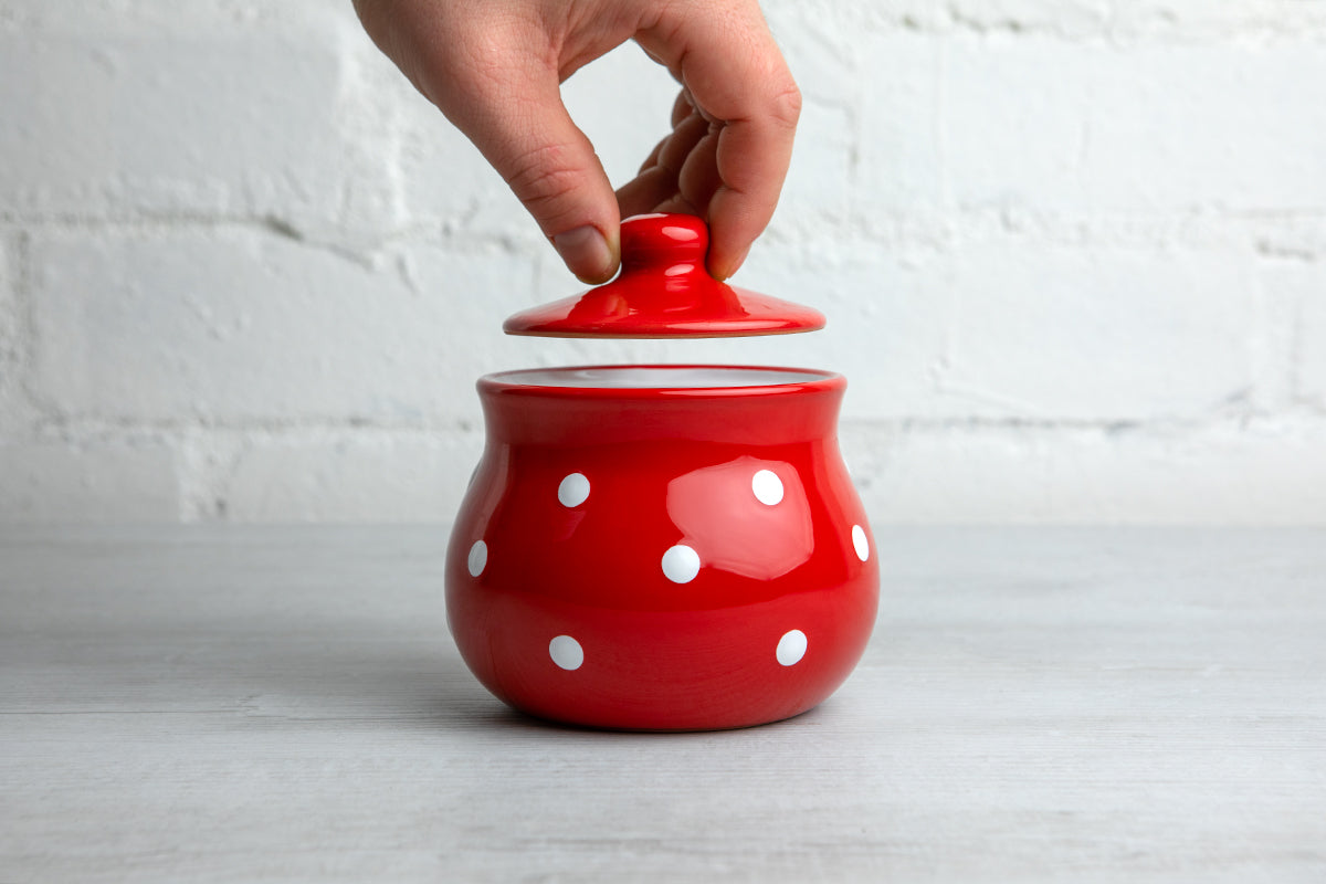 City to Cottage Ceramic Sugar Bowl with Lid, 10oz Sugar Contanier for Coffee Bar, Sugar Dispenser Bowl, Salt - Condiment Pot for Kitchen Counter, Handcrafted Red Polka Dot Sugar Jar
