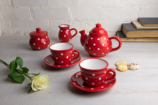 Red And White Polka Dot Pottery Handmade Hand Painted Ceramic Teapot Milk Jug Sugar Bowl Set With Two Cups and Saucers