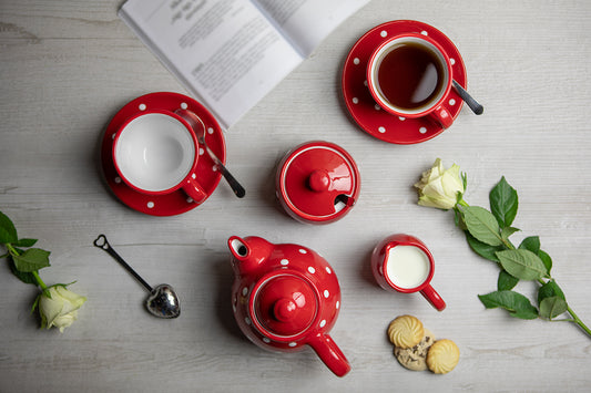 Red And White Polka Dot Pottery Handmade Hand Painted Ceramic Teapot Milk Jug Sugar Bowl Set With Two Cups and Saucers