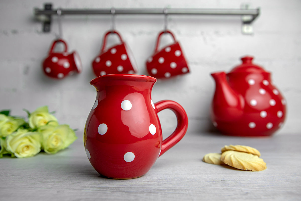 Red And White Polka Dot Pottery Handmade Hand Painted Ceramic Teapot Milk Jug Sugar Bowl Set With Two Cups and Saucers