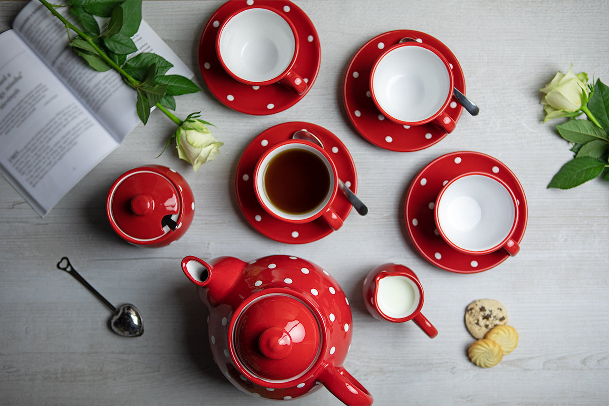 Red And White Polka Dot Spotty Handmade Hand Painted Ceramic Large Teapot Milk Jug Sugar Bowl Set With 4 Cups and Saucers