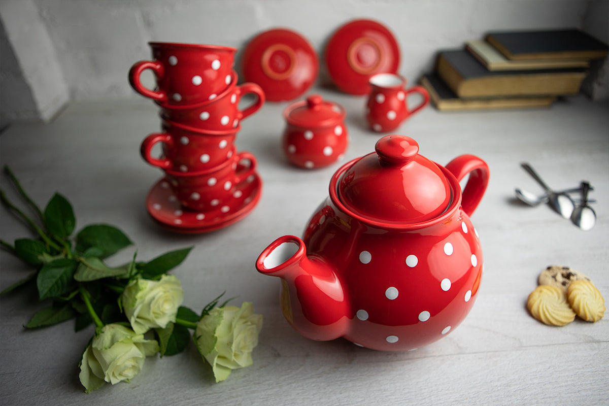 Red And White Polka Dot Spotty Handmade Hand Painted Ceramic Large Teapot Milk Jug Sugar Bowl Set With 4 Cups and Saucers