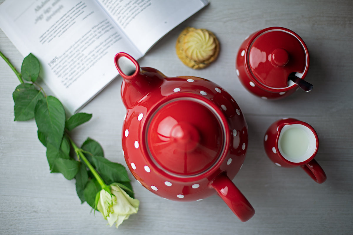 Red And White Polka Dot Spotty Handmade Hand Painted Ceramic Large Teapot Milk Jug Sugar Bowl Set With 4 Cups and Saucers