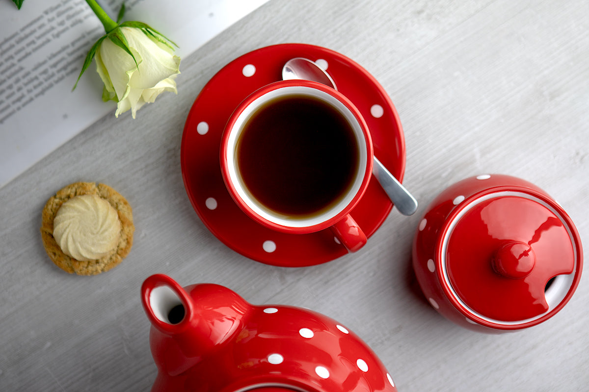 Red And White Polka Dot Spotty Handmade Hand Painted Ceramic Large Teapot Milk Jug Sugar Bowl Set With 4 Cups and Saucers