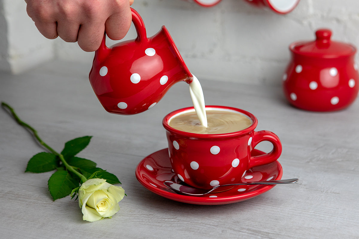 Red And White Polka Dot Spotty Handmade Hand Painted Ceramic Large Teapot Milk Jug Sugar Bowl Set With 4 Cups and Saucers