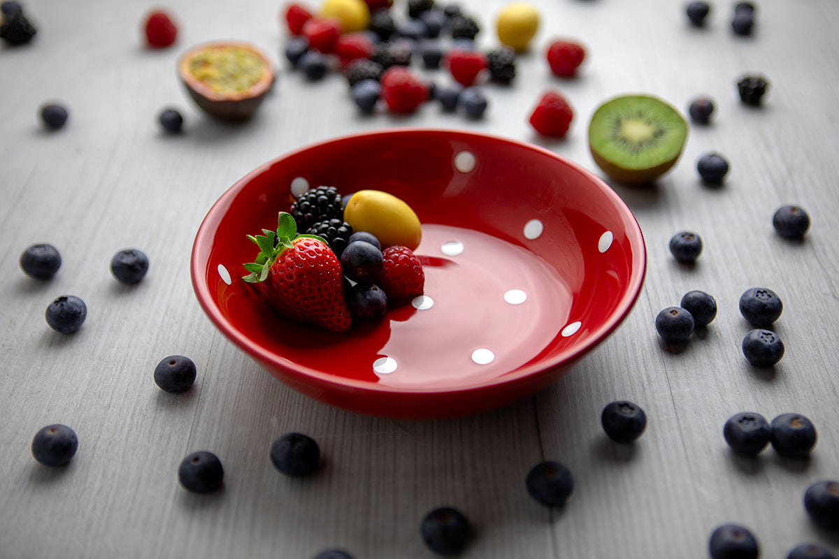 Red And White Polka Dot Spotty Handmade Hand Painted Ceramic Salad Pasta Fruit Cereal Soup Bowl